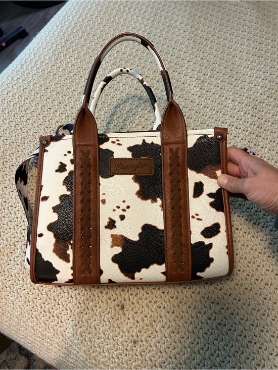 Wrangler Handbags - Wrangler Brown and White Cow Print Satchel with Leather Trim